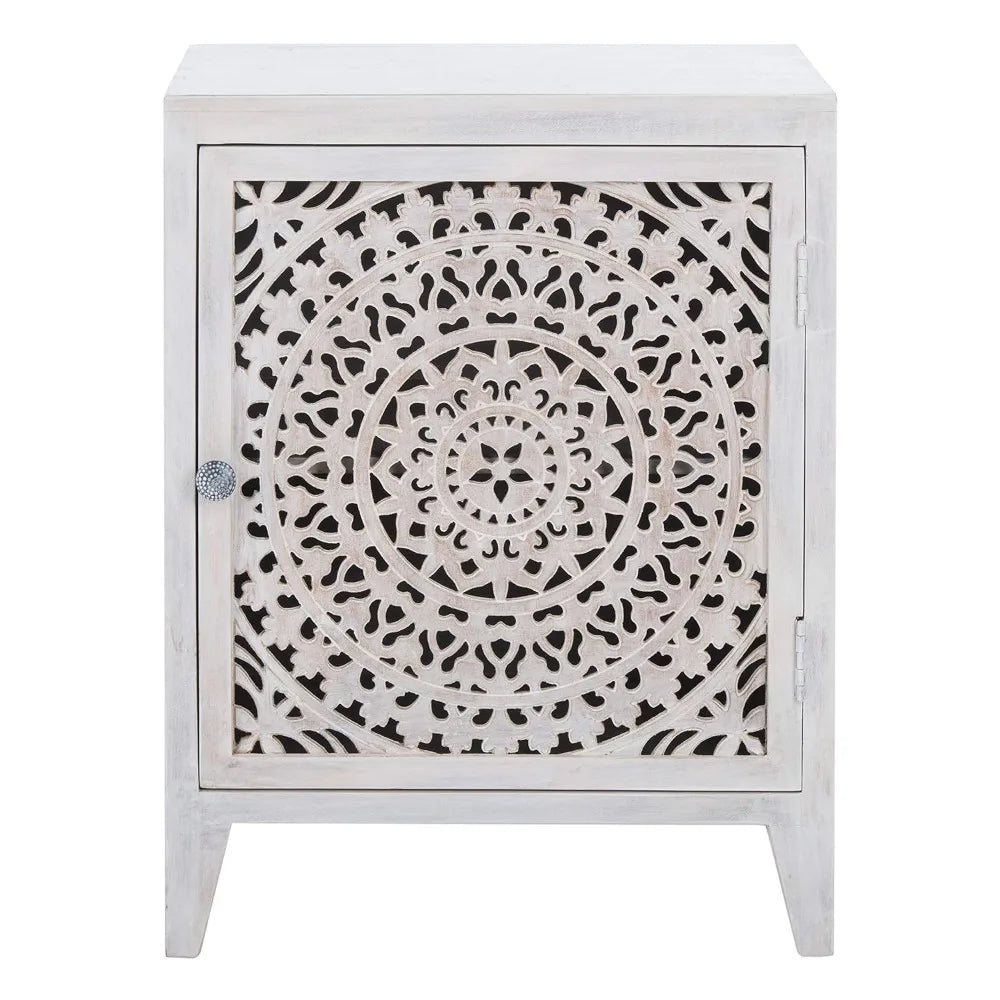Home Collection – Thea Wash Carved Mandala Door Storage Nightstand, Fully Assembled, Boho Accent Side Table,