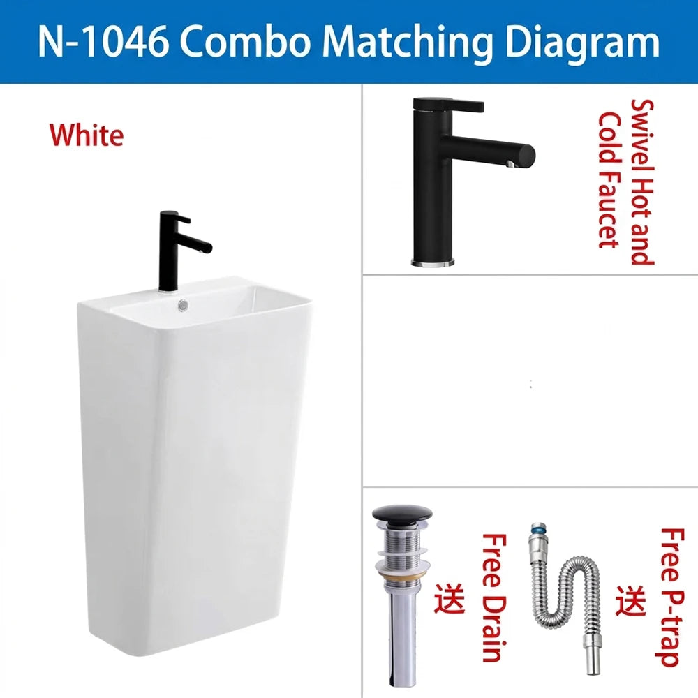 Integrated Pedestal Sink Freestanding Ceramic Wash Basin Small Apartment Bathroom Vanity Narrow Edge Column Washbasin