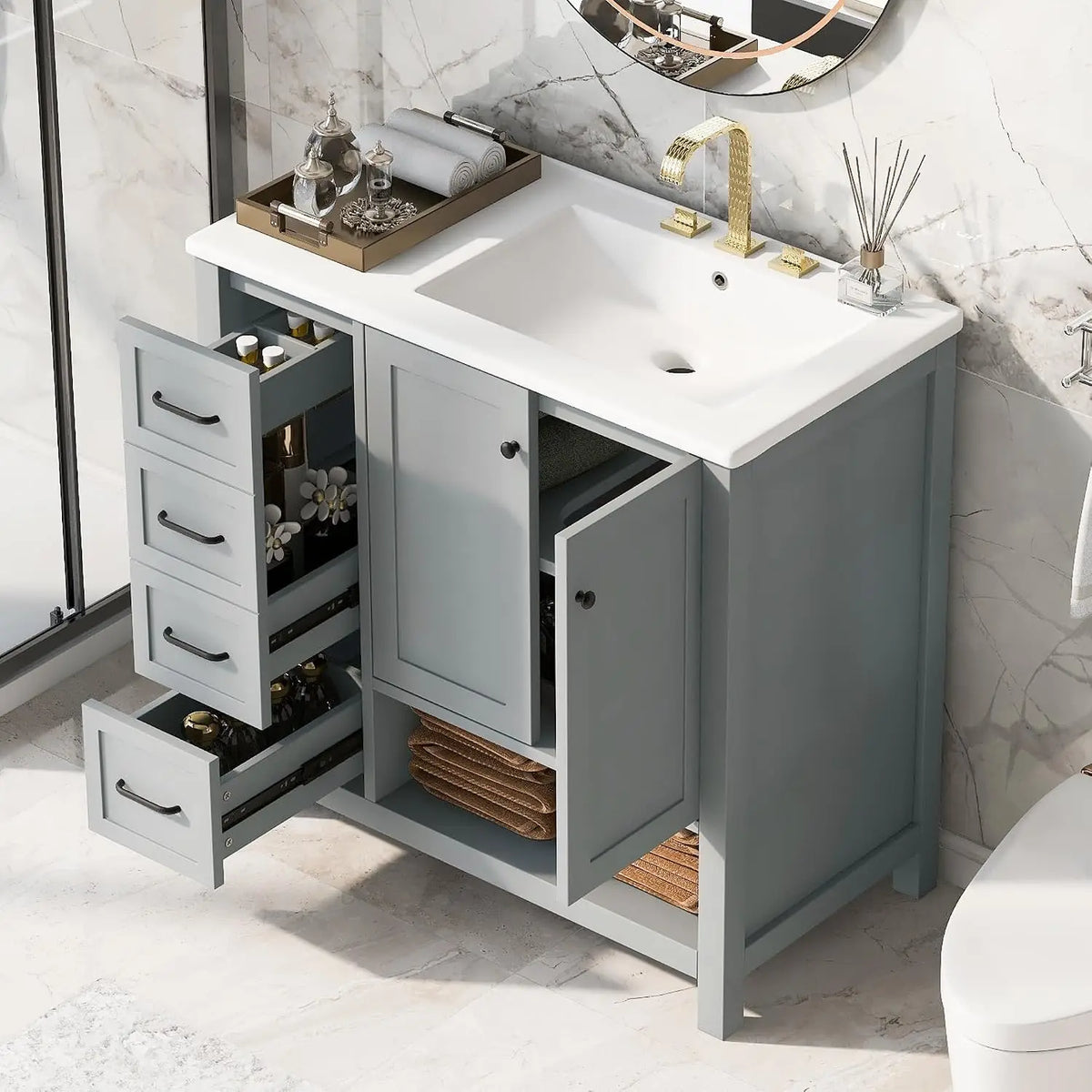 36" Bathroom Vanity with Sink, Free Standing Single Basin Vanity Set with One Cabinet and Three Drawers, Solid Wood