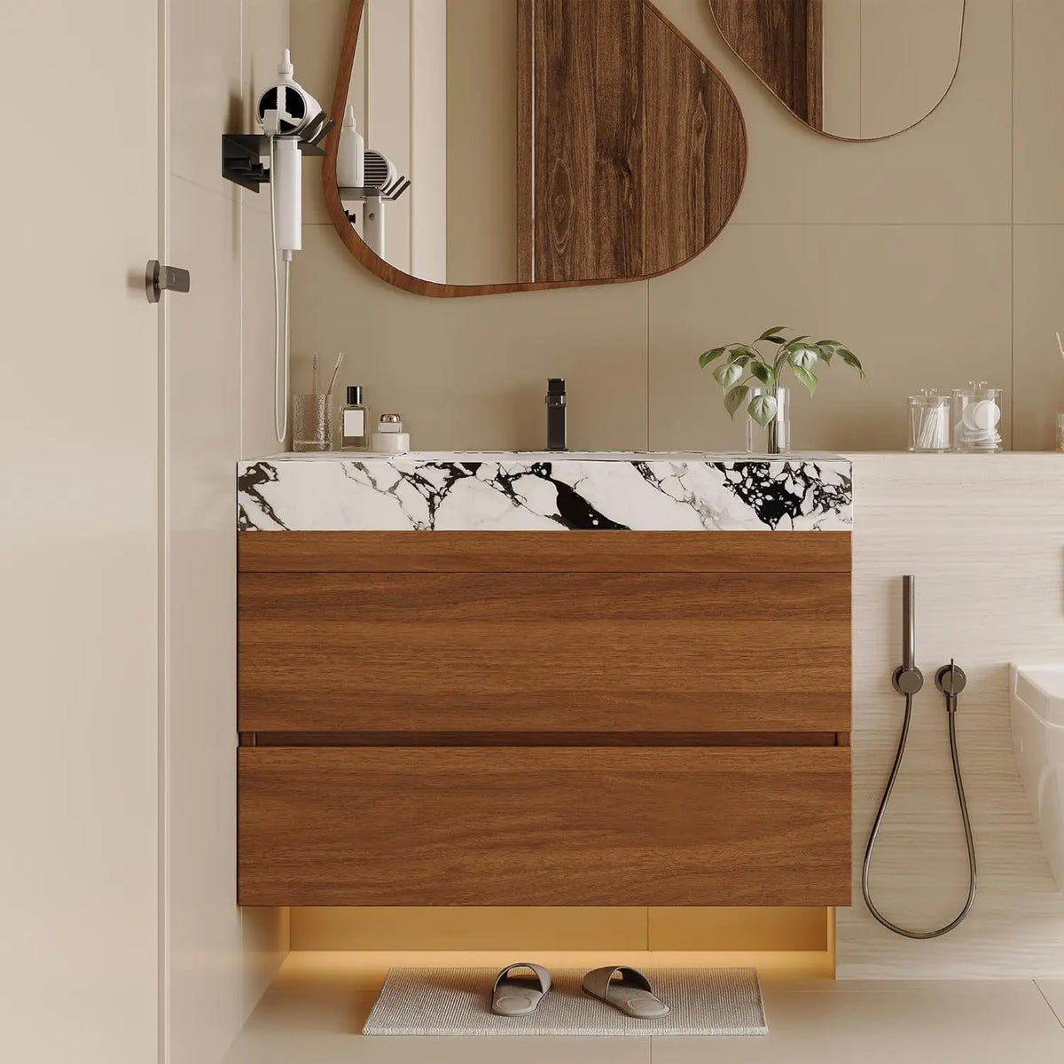 30" Modern Floating Bathroom Vanity with Faux Marble Top and Ceramic Undermount Sink, Wall-Mounted Bathroom Cabinet