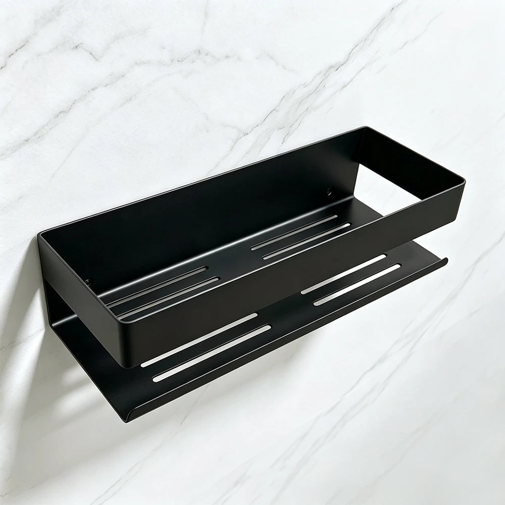 Black Stainless Steel Bathroom Shelf With Drainage Holes Wall Mounted Shower Caddy Organizer Corner Shampoo Storage Rack