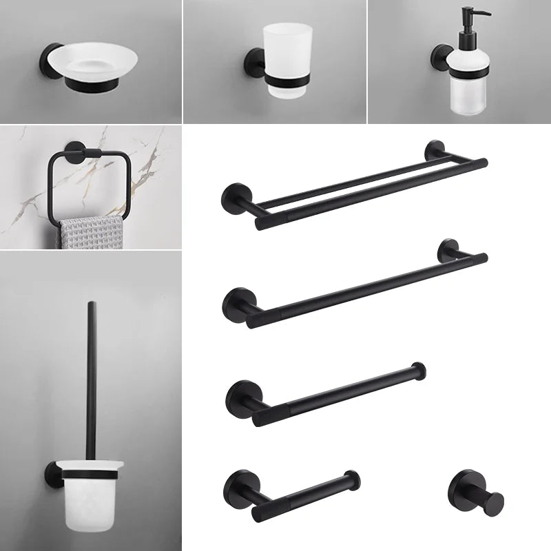 Matt Black Wall-mounted Elegant Bathroom Set Paper Towel Stick Toilet Bathrobe Hook Double Cup Holder Double Soap Dispenser