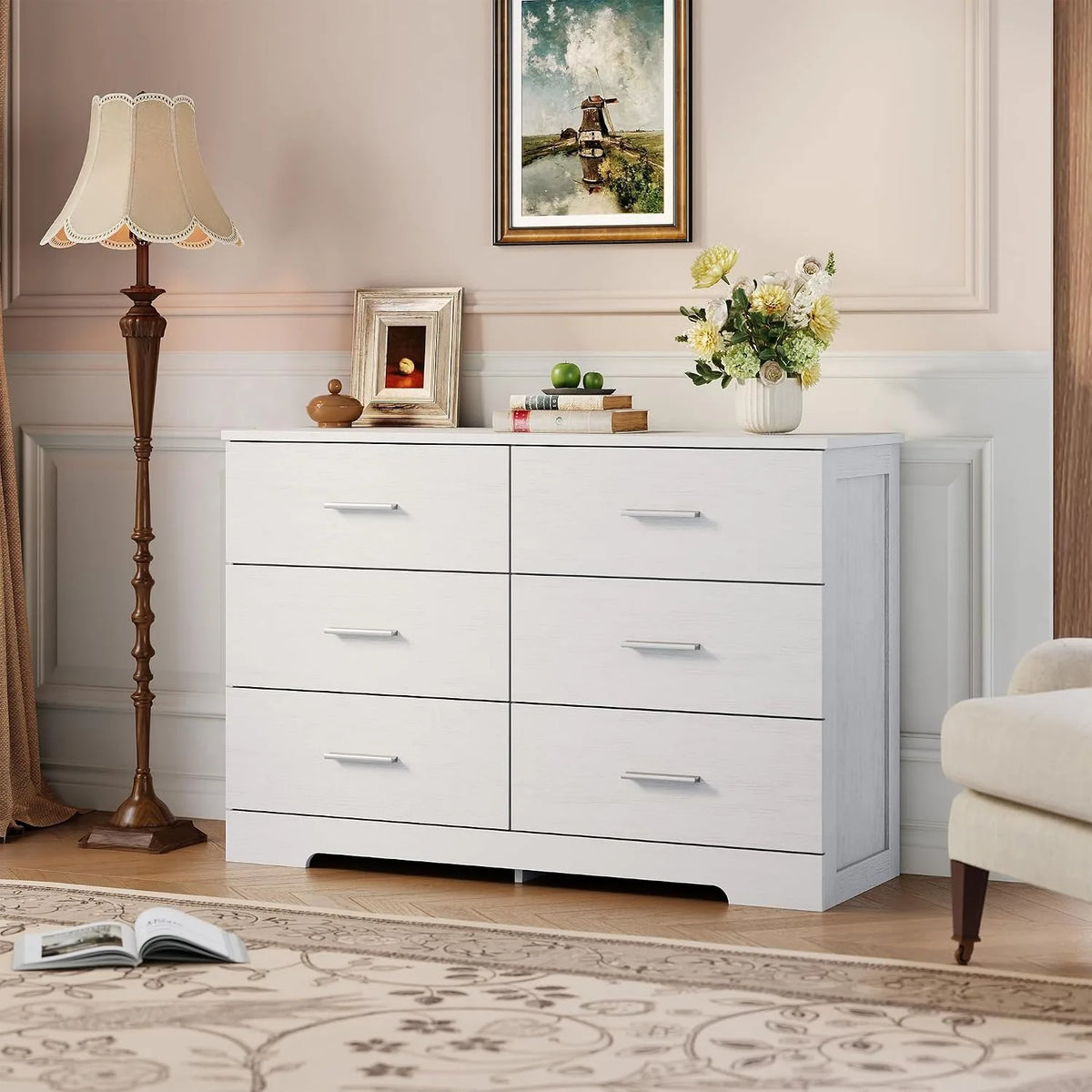 Modern 6 Drawer Dresser White Wood Storage Chest with Metal Handles Bedroom Organizer Cabinet for Living Room Entryway Hallway TV Stand