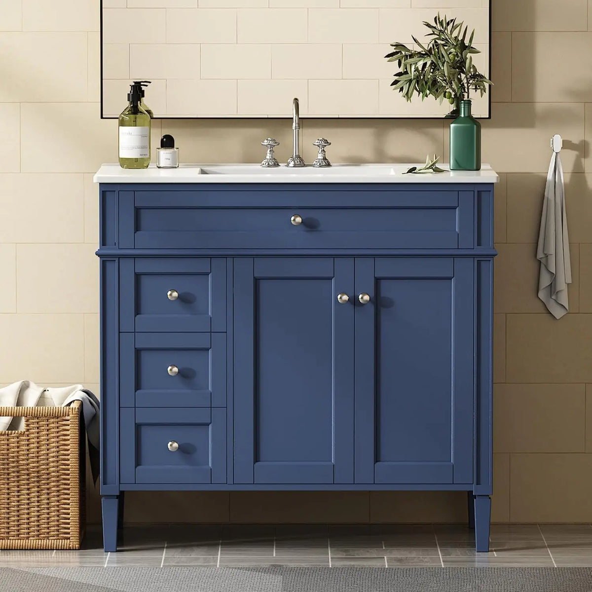 36" Bathroom Vanity with Sink, Solid Wood Frame Modern Bathroom Vanity, Bathroom Single Sink Cabinet with Charging,