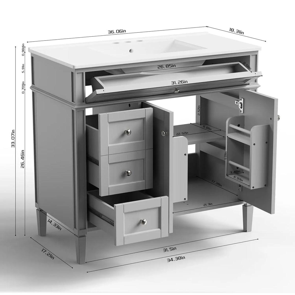 36" Bathroom Vanity with Sink, Solid Wood Frame Modern Bathroom Vanity, Bathroom Single Sink Cabinet with Charging,