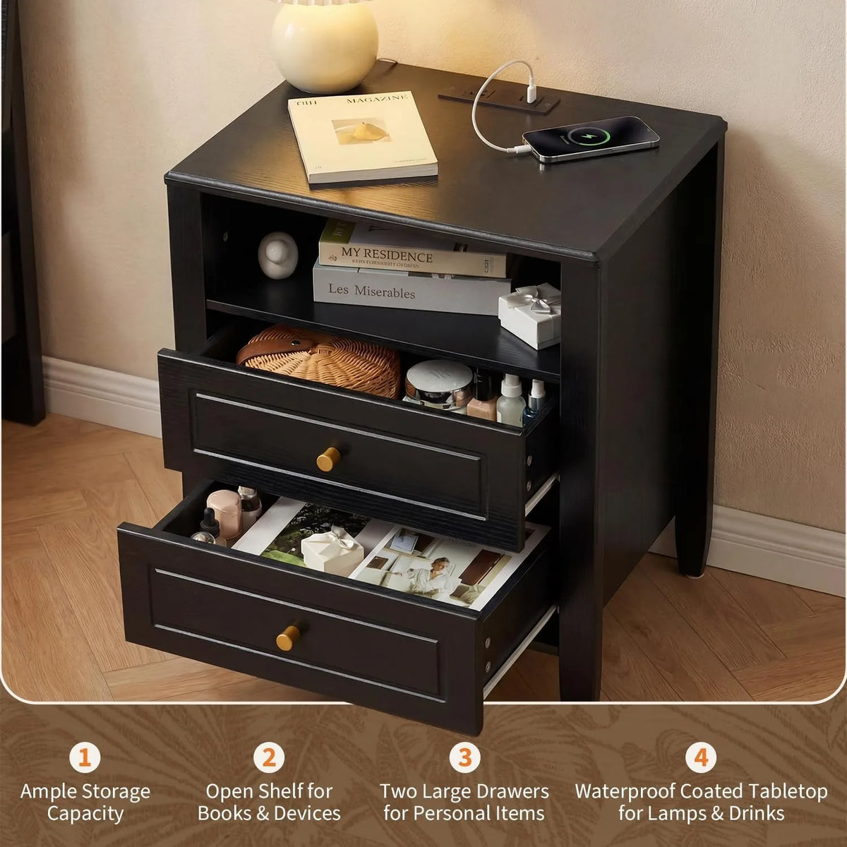 2 Drawer Storage Nightstand with Open Shelf, Modern Bedside Cabinet with Charging Station for Bedroom Home