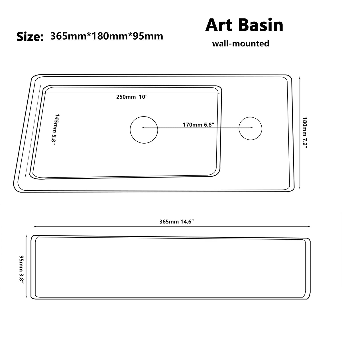 ZAPPO Small Bathroom Sink Marble Wall Hung Basin Sink Rectangle Ceramic Wash Basin Bathroom Vessel Sink Without Faucet Tap