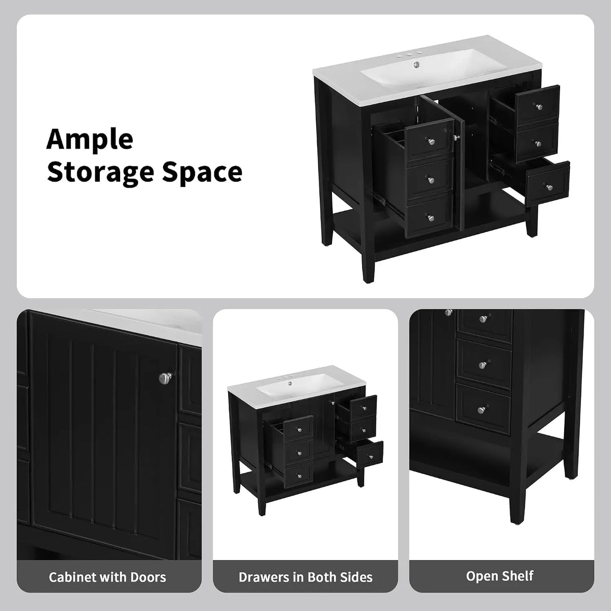 36" Bathroom Vanity with Sink, Free Standing Single Basin Vanity Set with One Cabinet and Three Drawers, Solid Wood