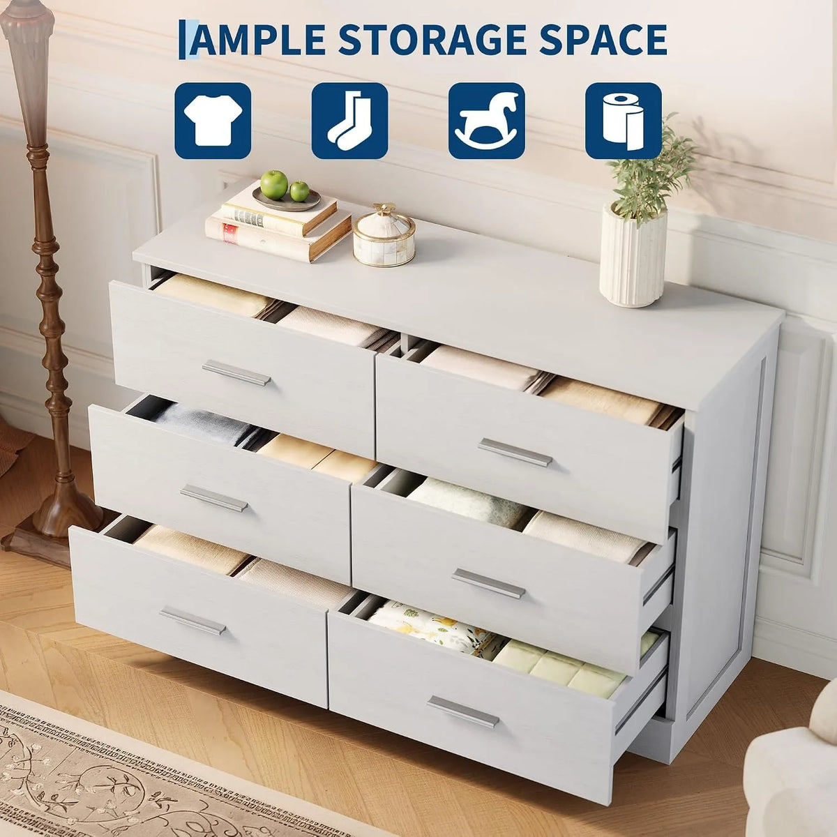 Modern 6 Drawer Dresser White Wood Storage Chest with Metal Handles Bedroom Organizer Cabinet for Living Room Entryway Hallway TV Stand