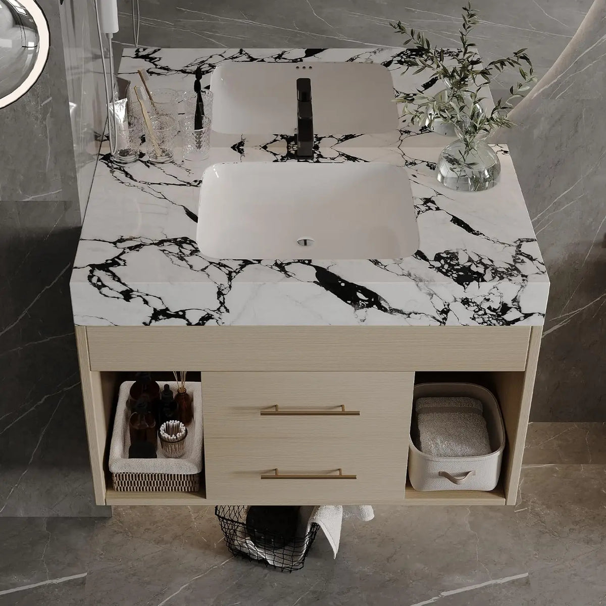 30" Modern Floating Bathroom Vanity with Faux Marble Top and Ceramic Undermount Sink, Wall-Mounted Bathroom Cabinet