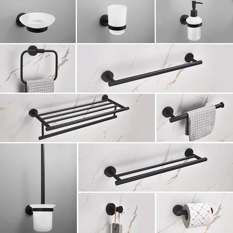 Matt Black Wall-mounted Elegant Bathroom Set Paper Towel Stick Toilet Bathrobe Hook Double Cup Holder Double Soap Dispenser