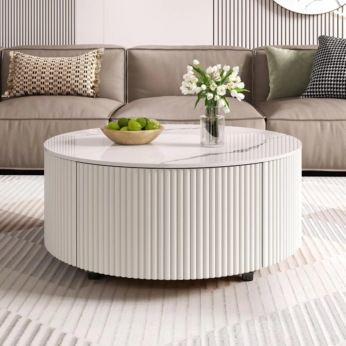 Modern Round Movable Coffee Table with Casters, 2 Drawers, Marble Pattern Sintered Stone Top, White, 29.5",