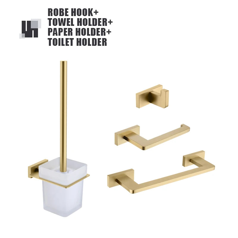 Brushed Gold Bathroom Accessories Set Toilet Brush Holder Toilet Paper Holder Towel Bar Rail Rack Hanger Hook Soap Dish Hardware