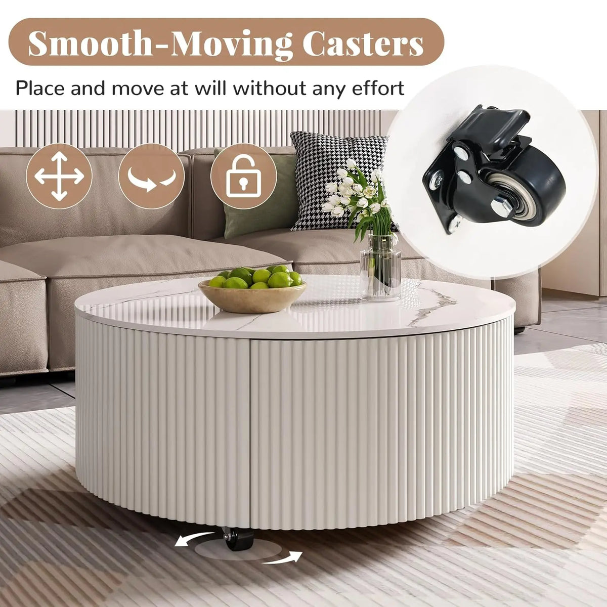 Modern Round Movable Coffee Table with Casters, 2 Drawers, Marble Pattern Sintered Stone Top, White, 29.5",