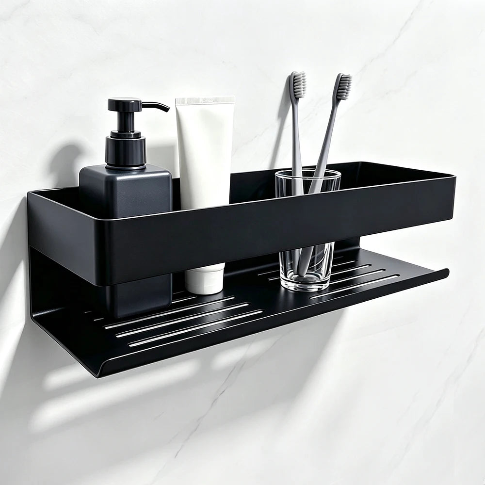 Black Stainless Steel Bathroom Shelf With Drainage Holes Wall Mounted Shower Caddy Organizer Corner Shampoo Storage Rack