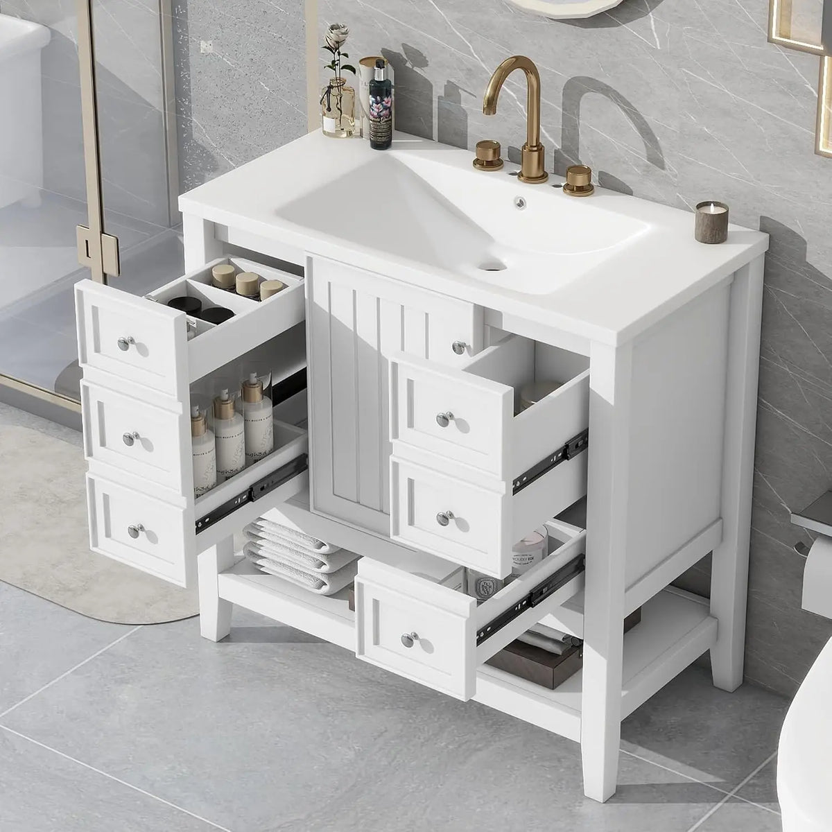 36" Bathroom Vanity with Sink, Free Standing Single Basin Vanity Set with One Cabinet and Three Drawers, Solid Wood