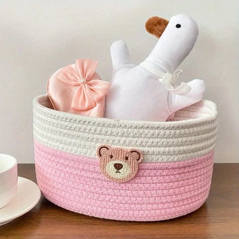 Cute Bear Fabric Storage Basket Woven Organizer Bin for Toys Clothes Home Bedroom Living Room Decorative Storage