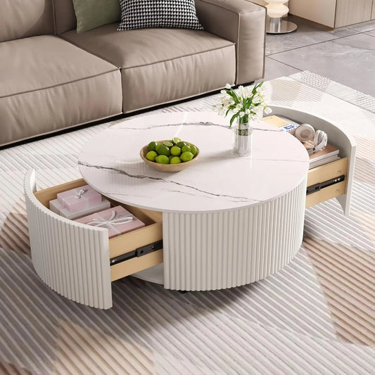 Modern Round Movable Coffee Table with Casters, 2 Drawers, Marble Pattern Sintered Stone Top, White, 29.5",