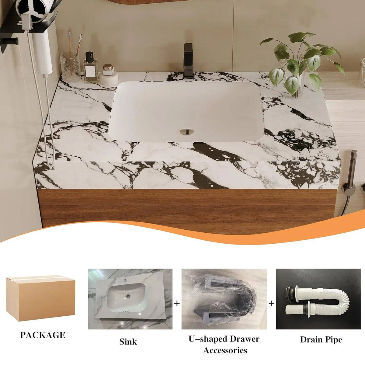 30" Modern Floating Bathroom Vanity with Faux Marble Top and Ceramic Undermount Sink, Wall-Mounted Bathroom Cabinet