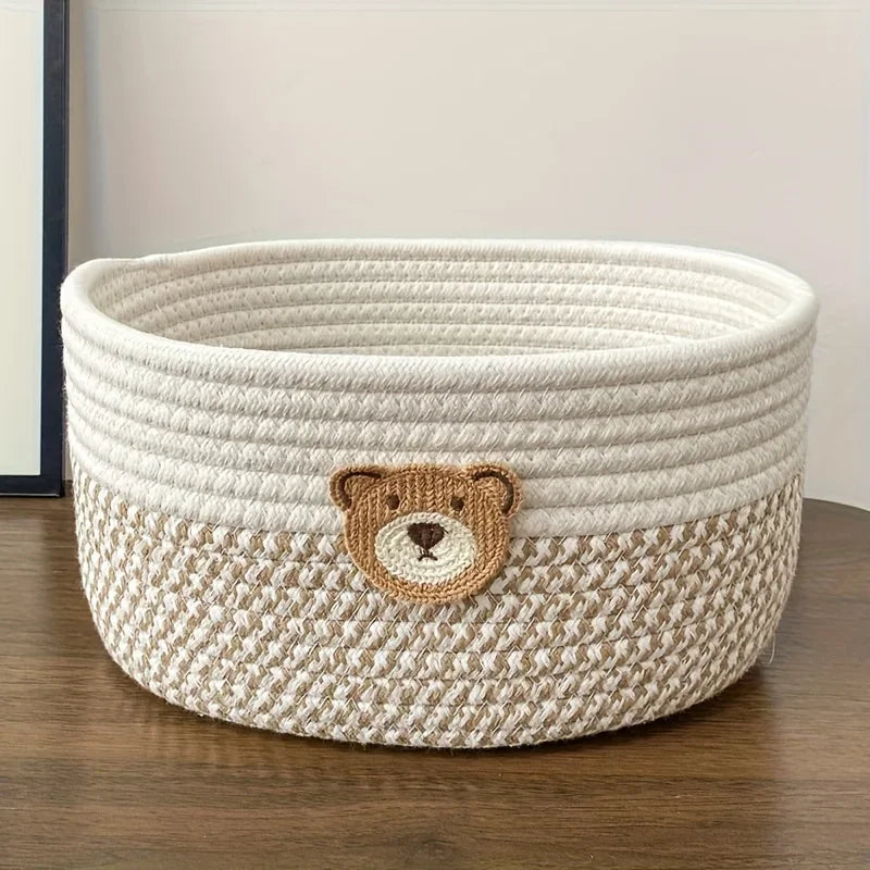 Cute Bear Fabric Storage Basket Woven Organizer Bin for Toys Clothes Home Bedroom Living Room Decorative Storage