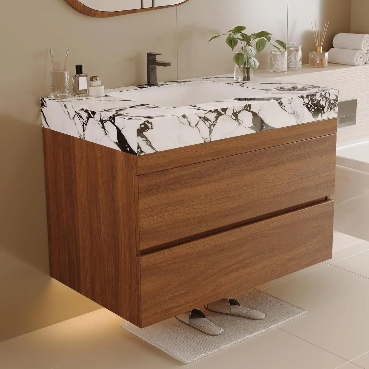 30" Modern Floating Bathroom Vanity with Faux Marble Top and Ceramic Undermount Sink, Wall-Mounted Bathroom Cabinet