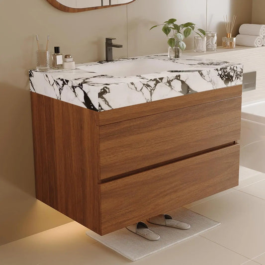 30" Modern Floating Bathroom Vanity with Faux Marble Top and Ceramic Undermount Sink, Wall-Mounted Bathroom Cabinet
