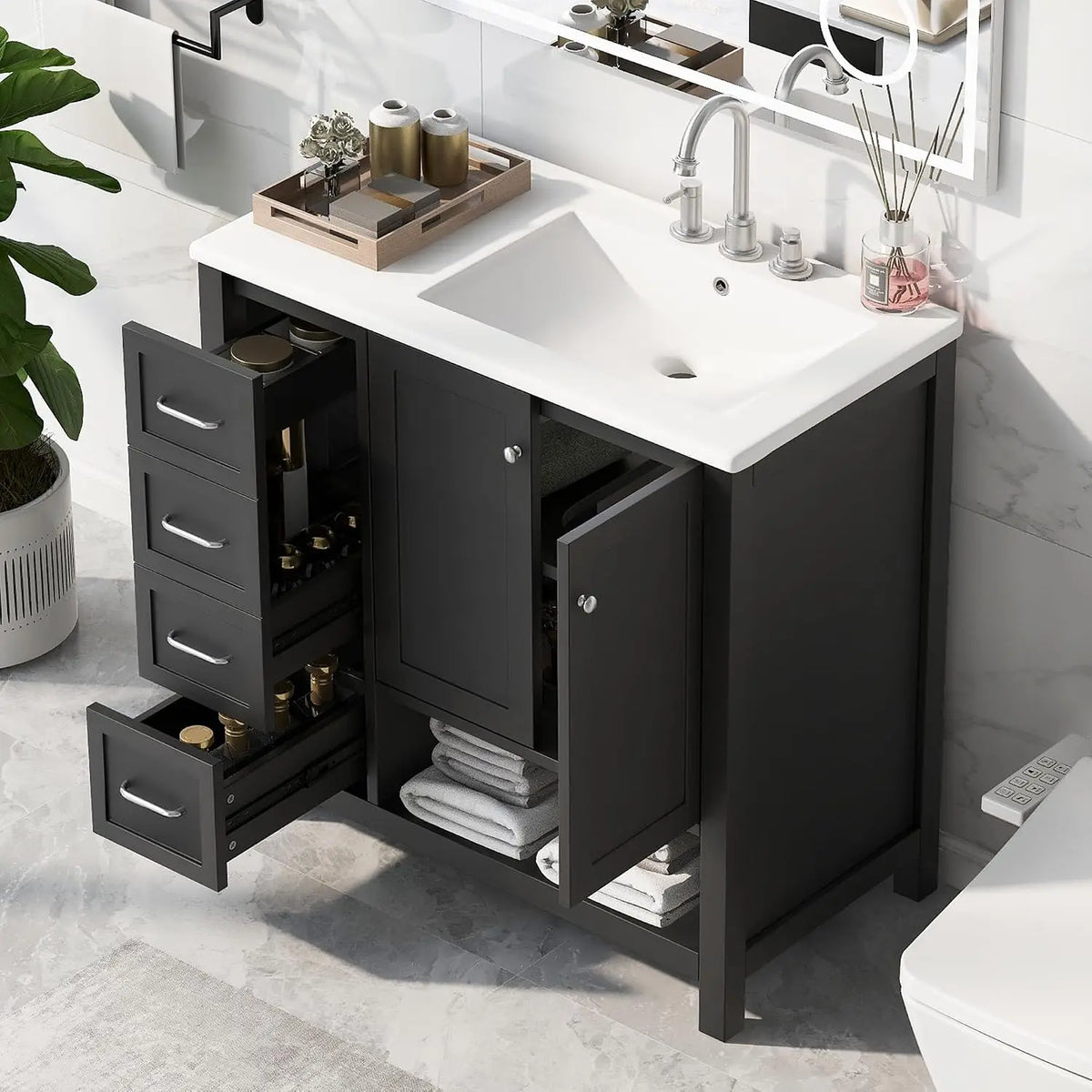 36" Bathroom Vanity with Sink, Free Standing Single Basin Vanity Set with One Cabinet and Three Drawers, Solid Wood