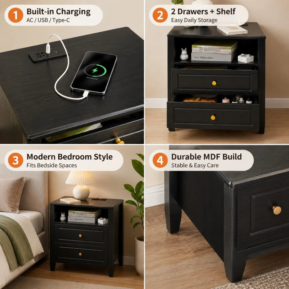 2 Drawer Storage Nightstand with Open Shelf, Modern Bedside Cabinet with Charging Station for Bedroom Home