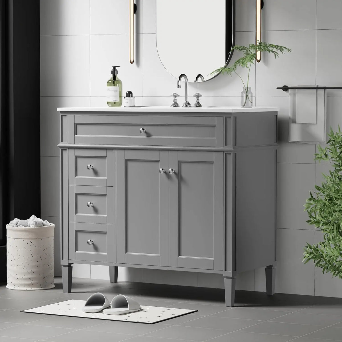 36" Bathroom Vanity with Sink, Solid Wood Frame Modern Bathroom Vanity, Bathroom Single Sink Cabinet with Charging,