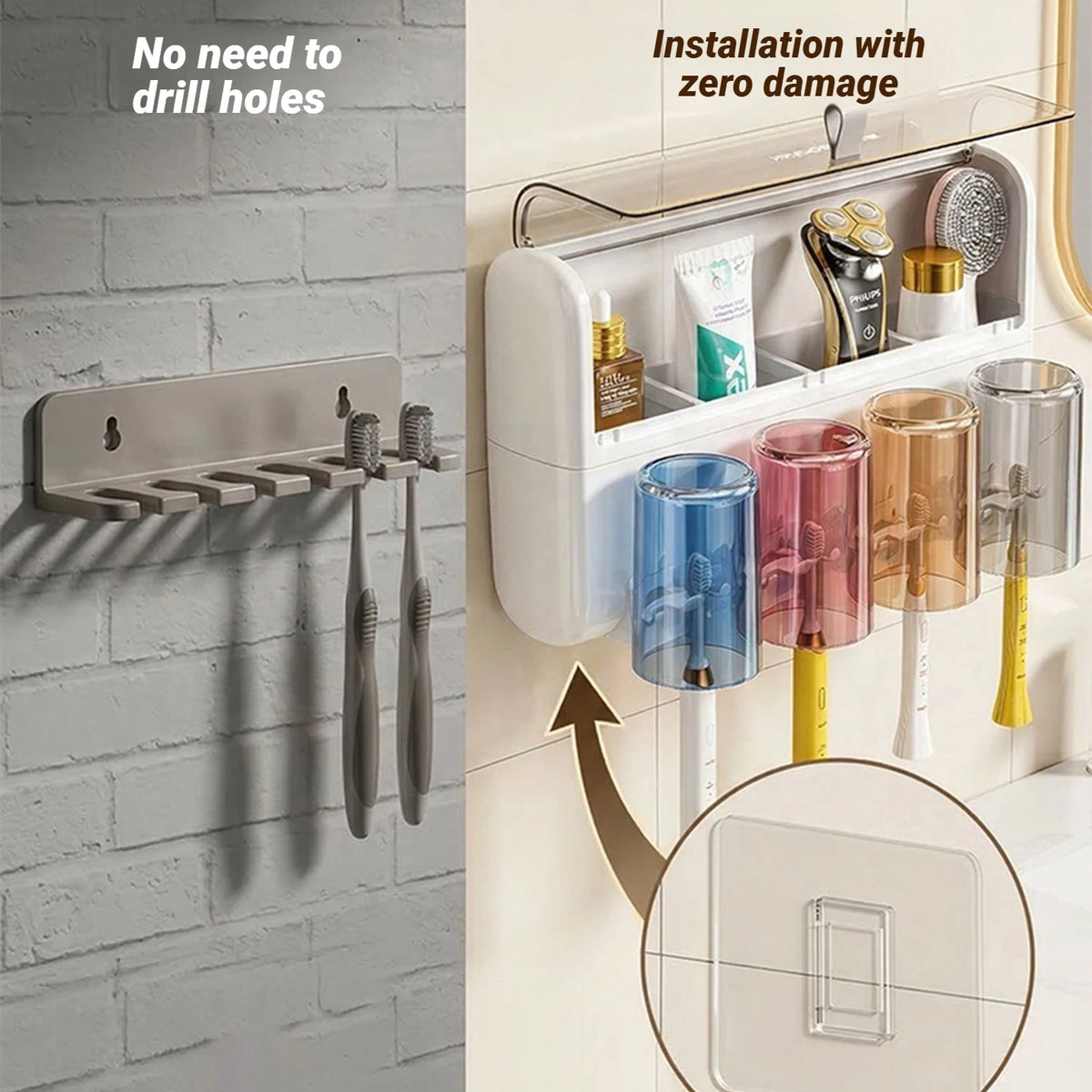 Family Set Toothbrush Holder Wall Mounted No Drill Dust Proof Organizer With Toothpaste Dispenser Bathroom Home Accessories