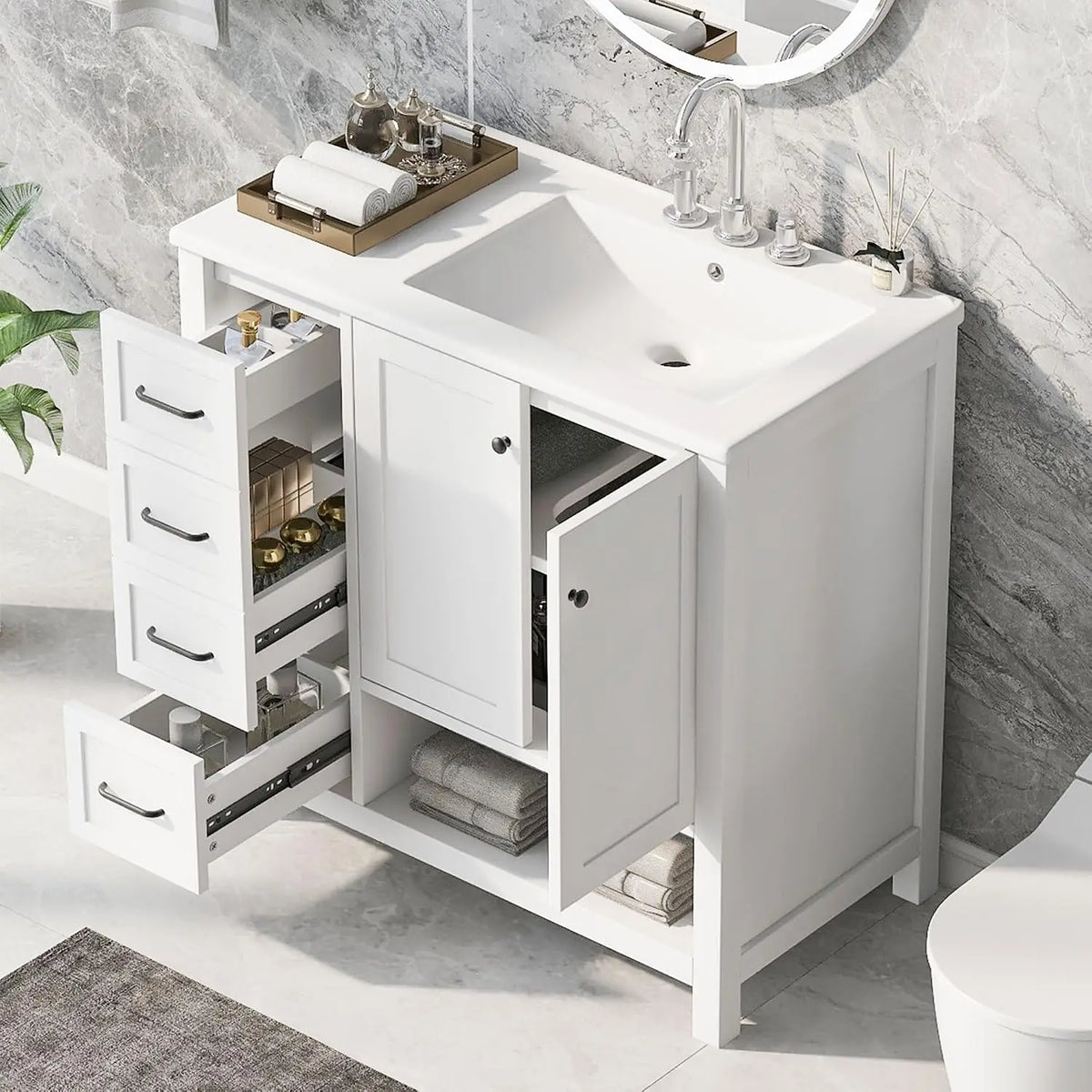 36" Bathroom Vanity with Sink, Free Standing Single Basin Vanity Set with One Cabinet and Three Drawers, Solid Wood