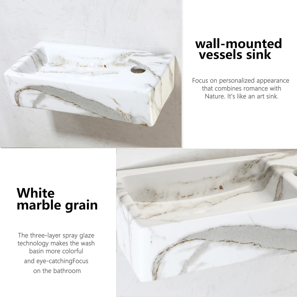 ZAPPO Small Bathroom Sink Marble Wall Hung Basin Sink Rectangle Ceramic Wash Basin Bathroom Vessel Sink Without Faucet Tap