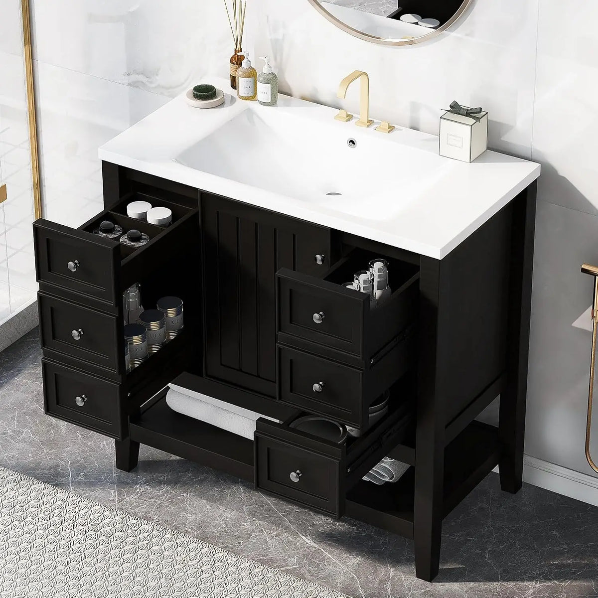 36" Bathroom Vanity with Sink, Free Standing Single Basin Vanity Set with One Cabinet and Three Drawers, Solid Wood