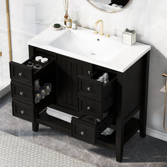 36" Bathroom Vanity with Sink, Free Standing Single Basin Vanity Set with One Cabinet and Three Drawers, Solid Wood