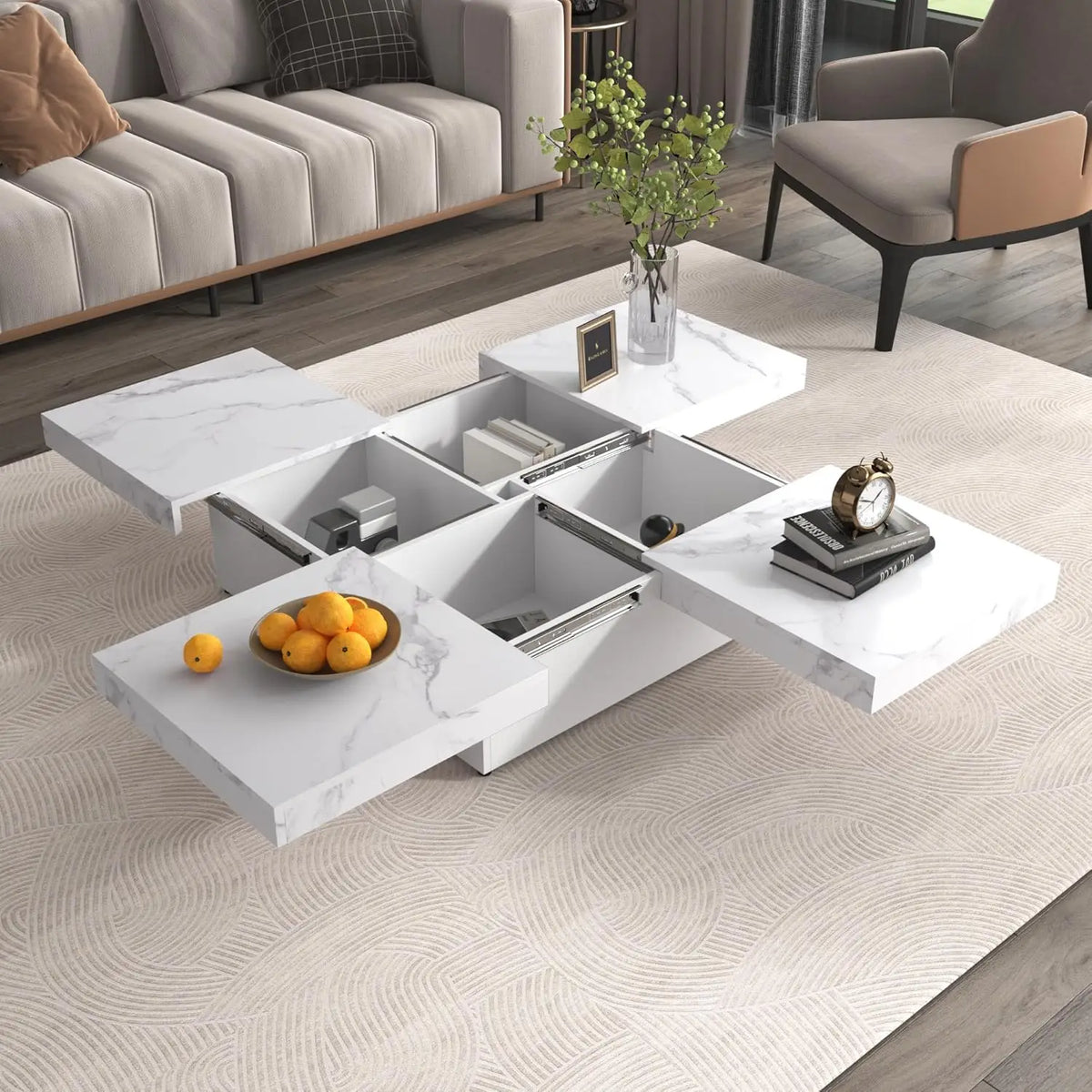 Modern Round Movable Coffee Table with Casters, 2 Drawers, Marble Pattern Sintered Stone Top, White, 29.5",