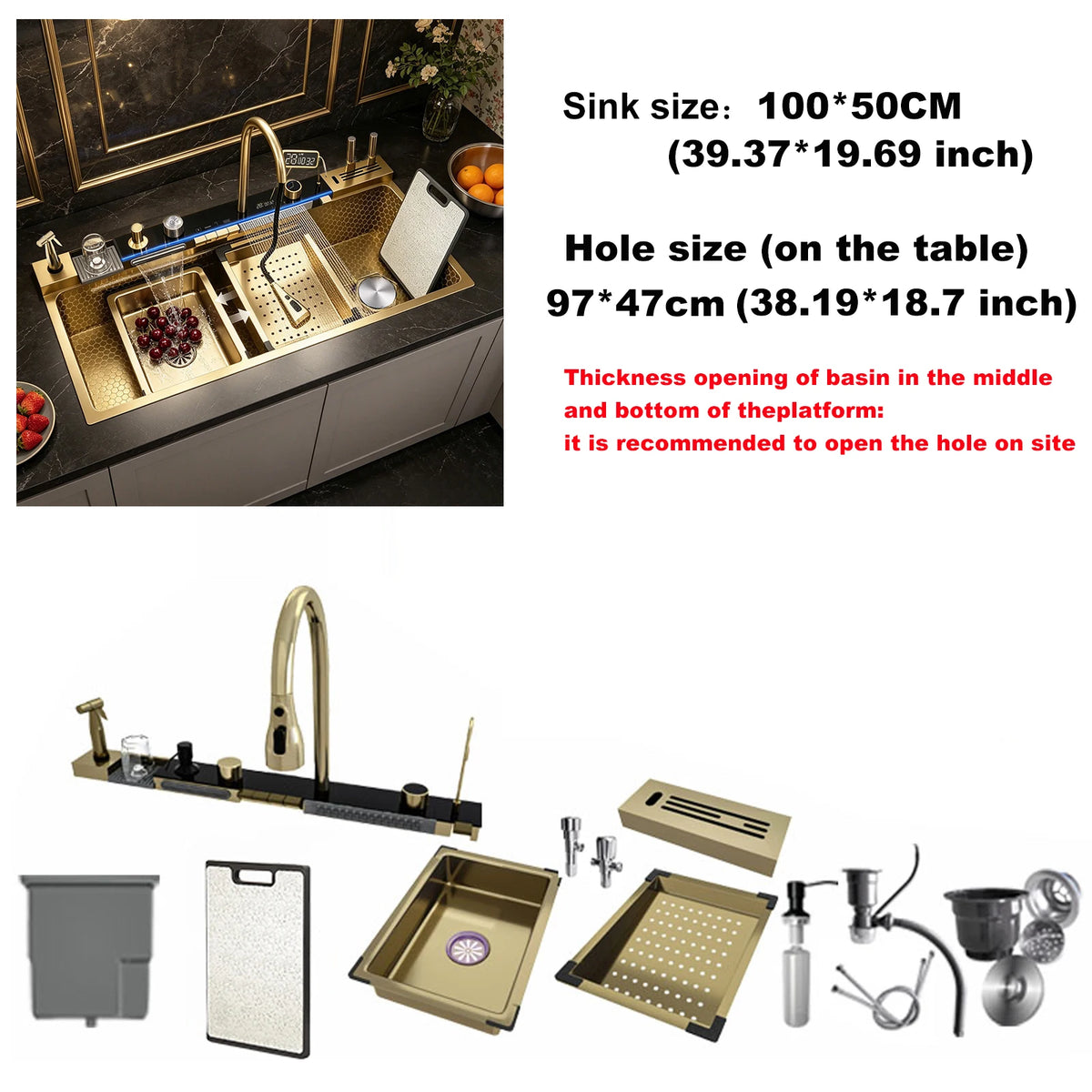 Stainless Steel Kitchen Sink Large Single Slot Multifunctional Waterfall Digital Display Faucet Wash Dish Bowl Undermount Basin