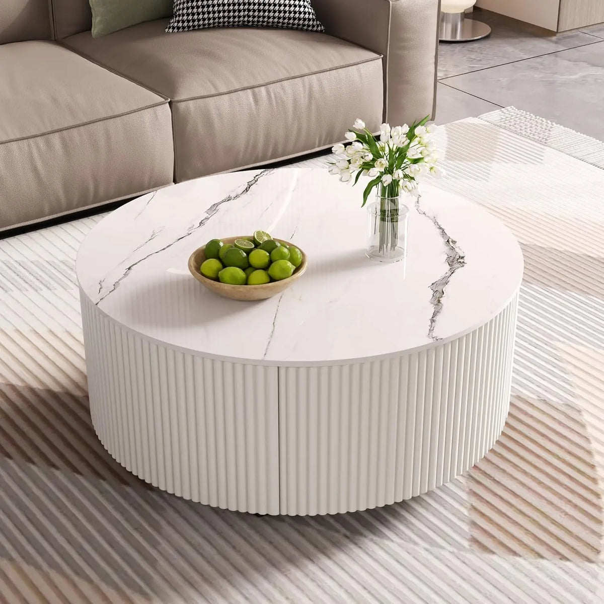 Modern Round Movable Coffee Table with Casters, 2 Drawers, Marble Pattern Sintered Stone Top, White, 29.5",