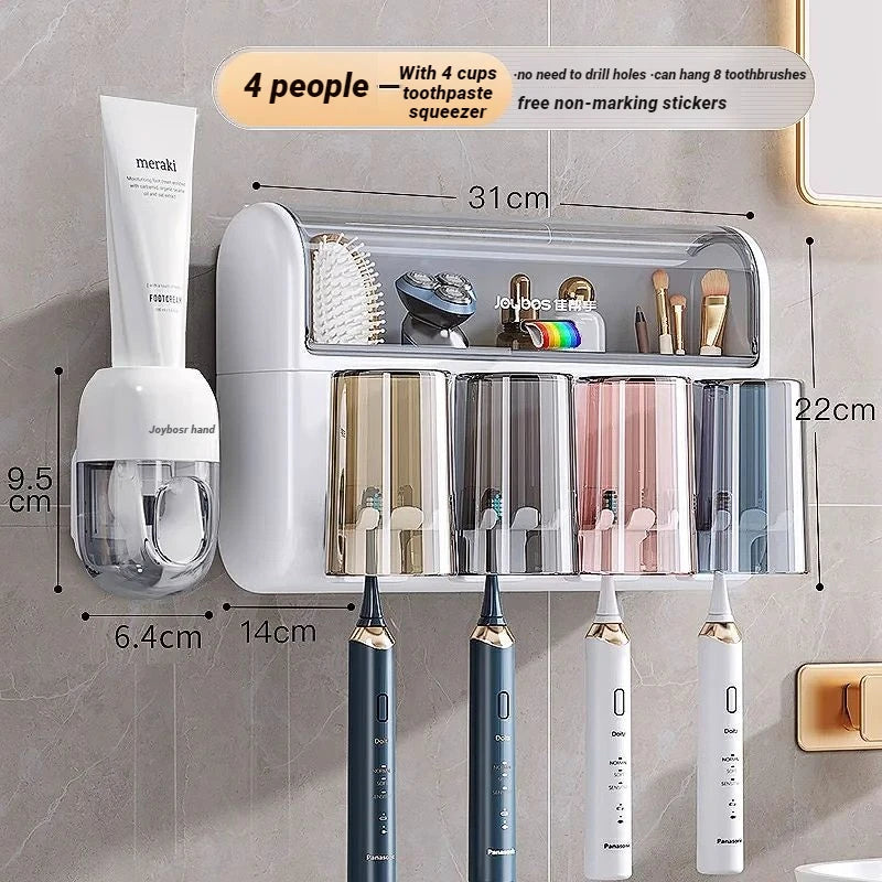 Family Set Toothbrush Holder Wall Mounted No Drill Dust Proof Organizer With Toothpaste Dispenser Bathroom Home Accessories
