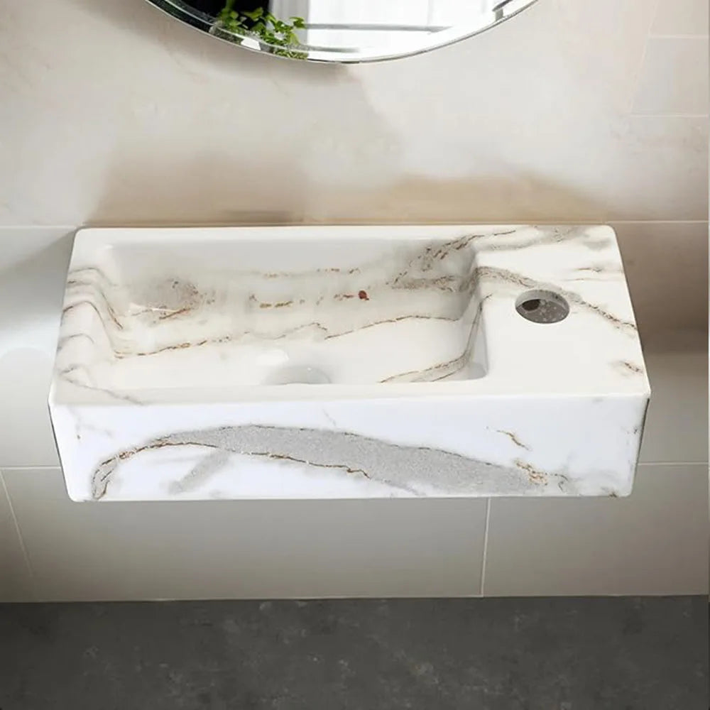 ZAPPO Small Bathroom Sink Marble Wall Hung Basin Sink Rectangle Ceramic Wash Basin Bathroom Vessel Sink Without Faucet Tap