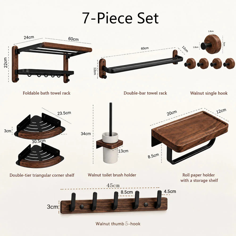 Walnut Wood Bathroom Accessories Set Wall Mounted Towel Rack Shelf Toilet Paper Holder Bathroom Hardware Kit Shower Organizer