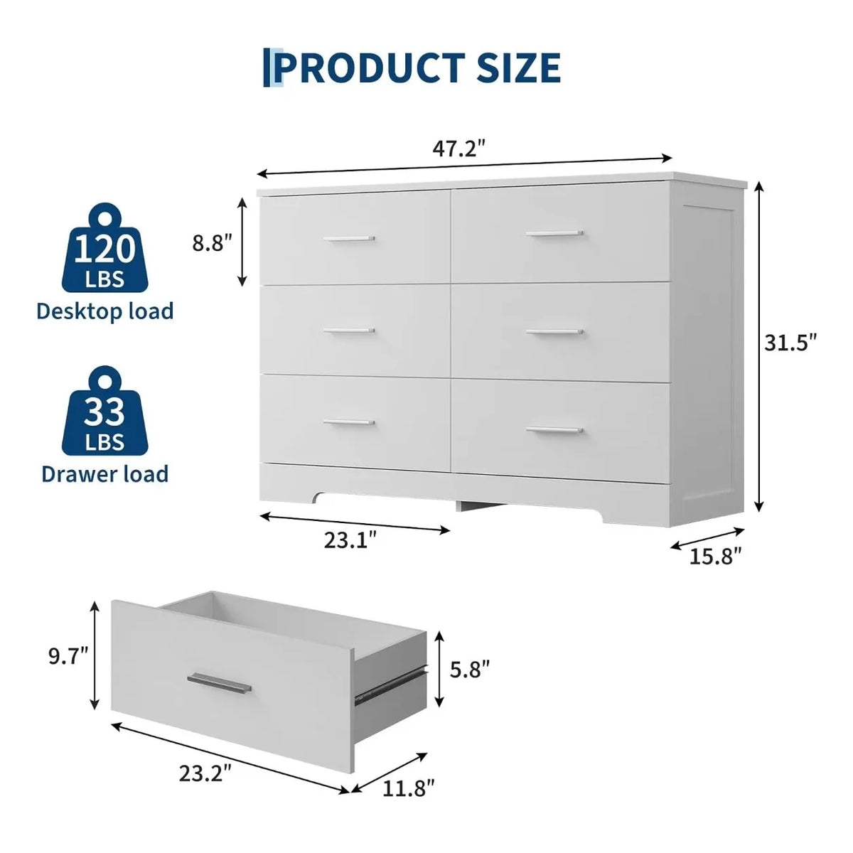 Modern 6 Drawer Dresser White Wood Storage Chest with Metal Handles Bedroom Organizer Cabinet for Living Room Entryway Hallway TV Stand