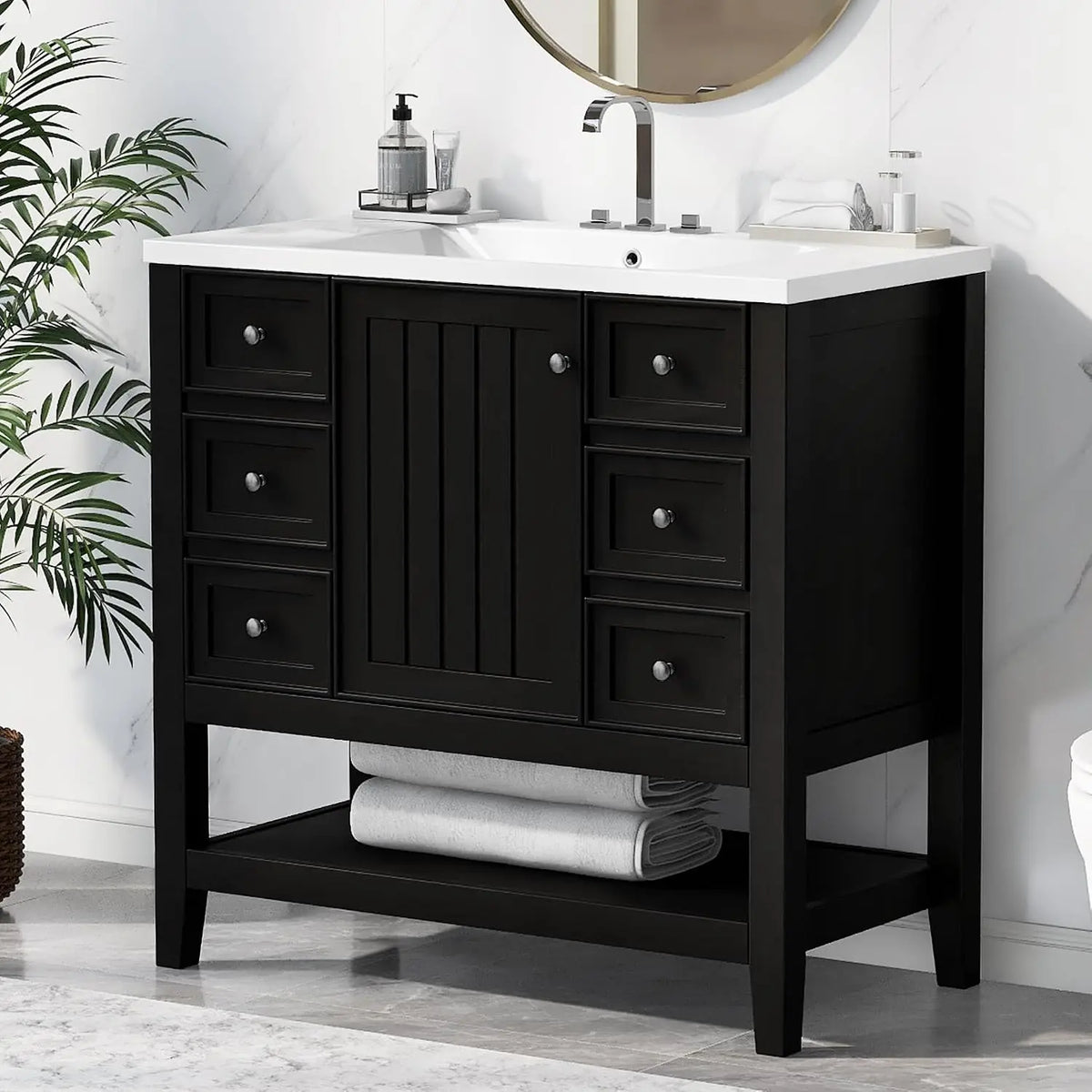 36" Bathroom Vanity with Sink, Free Standing Single Basin Vanity Set with One Cabinet and Three Drawers, Solid Wood