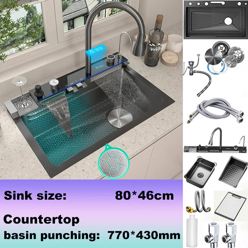 Stainless Steel Kitchen Sink Large Single Slot Multifunctional Waterfall Digital Display Faucet Wash Dish Bowl Undermount Basin