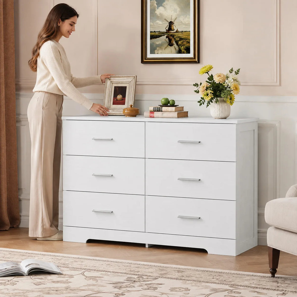 Modern 6 Drawer Dresser White Wood Storage Chest with Metal Handles Bedroom Organizer Cabinet for Living Room Entryway Hallway TV Stand