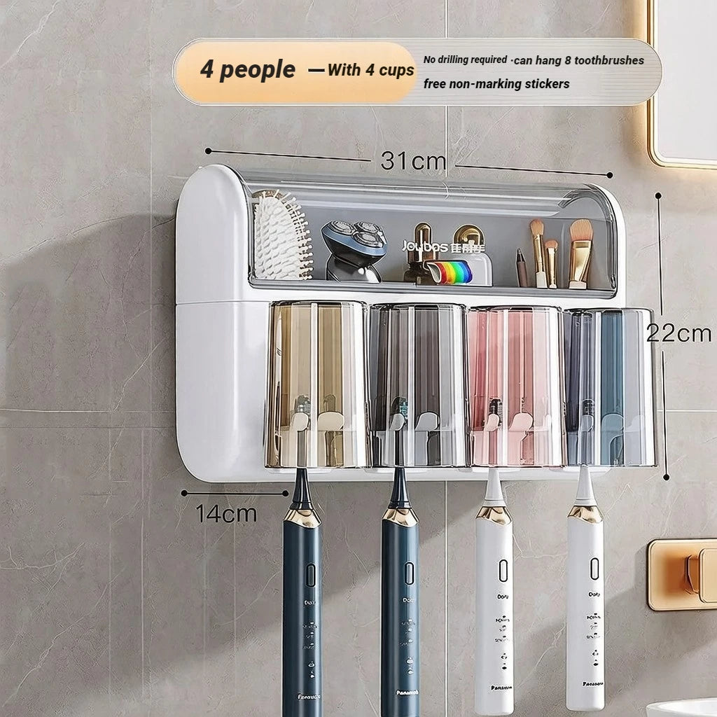 Family Set Toothbrush Holder Wall Mounted No Drill Dust Proof Organizer With Toothpaste Dispenser Bathroom Home Accessories