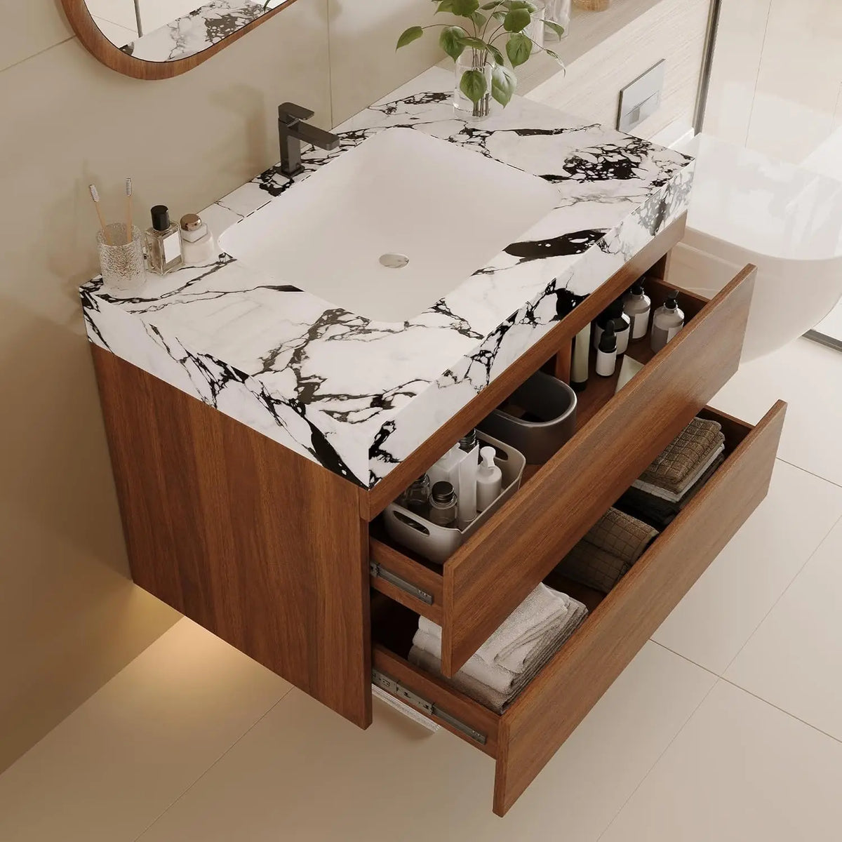 30" Modern Floating Bathroom Vanity with Faux Marble Top and Ceramic Undermount Sink, Wall-Mounted Bathroom Cabinet