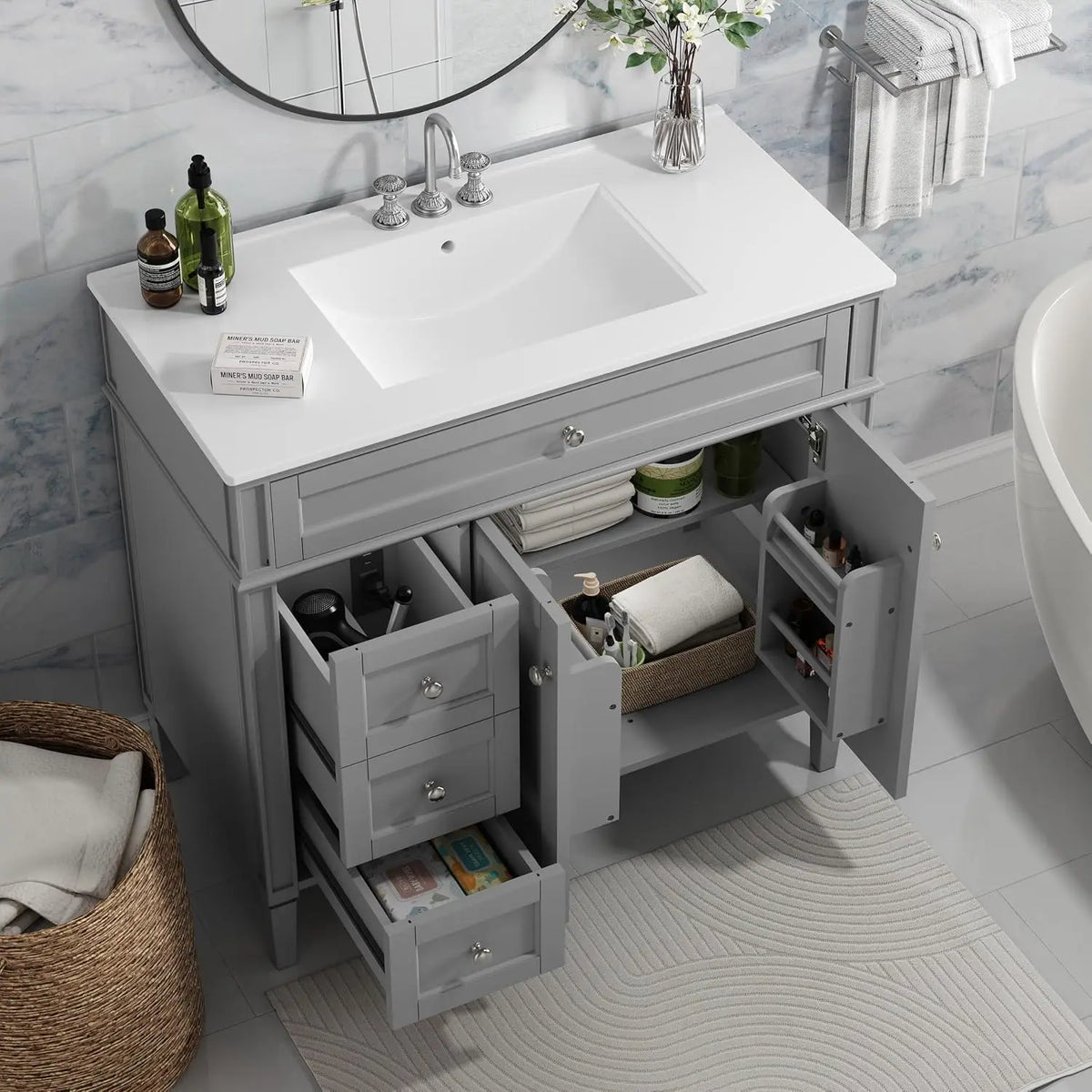 36" Bathroom Vanity with Sink, Solid Wood Frame Modern Bathroom Vanity, Bathroom Single Sink Cabinet with Charging,