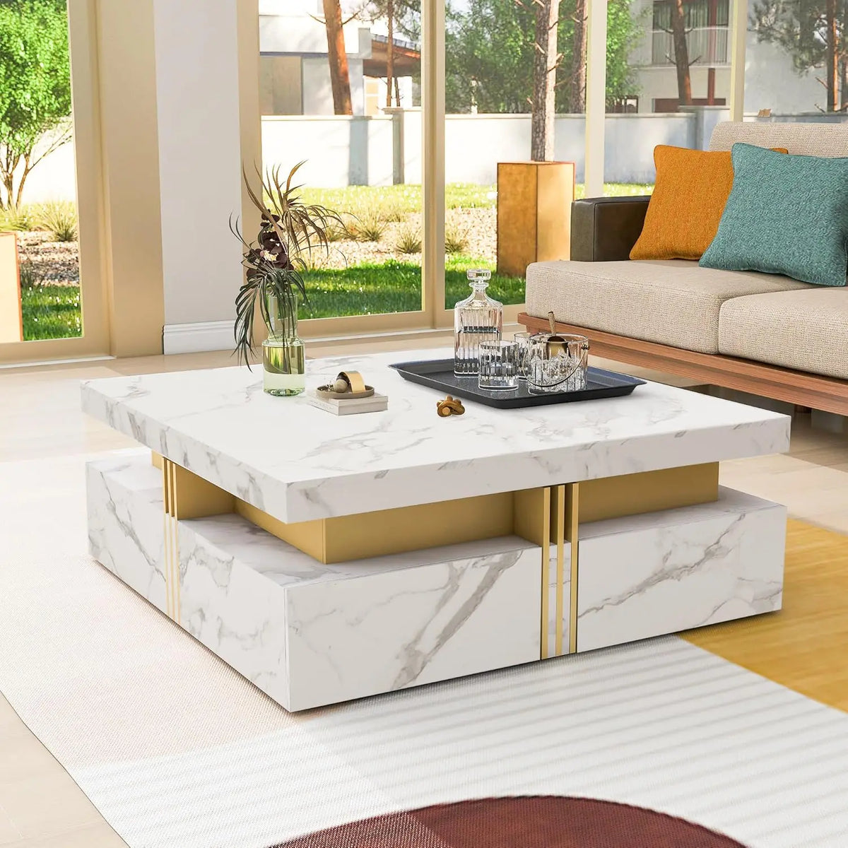 Modern Round Movable Coffee Table with Casters, 2 Drawers, Marble Pattern Sintered Stone Top, White, 29.5",