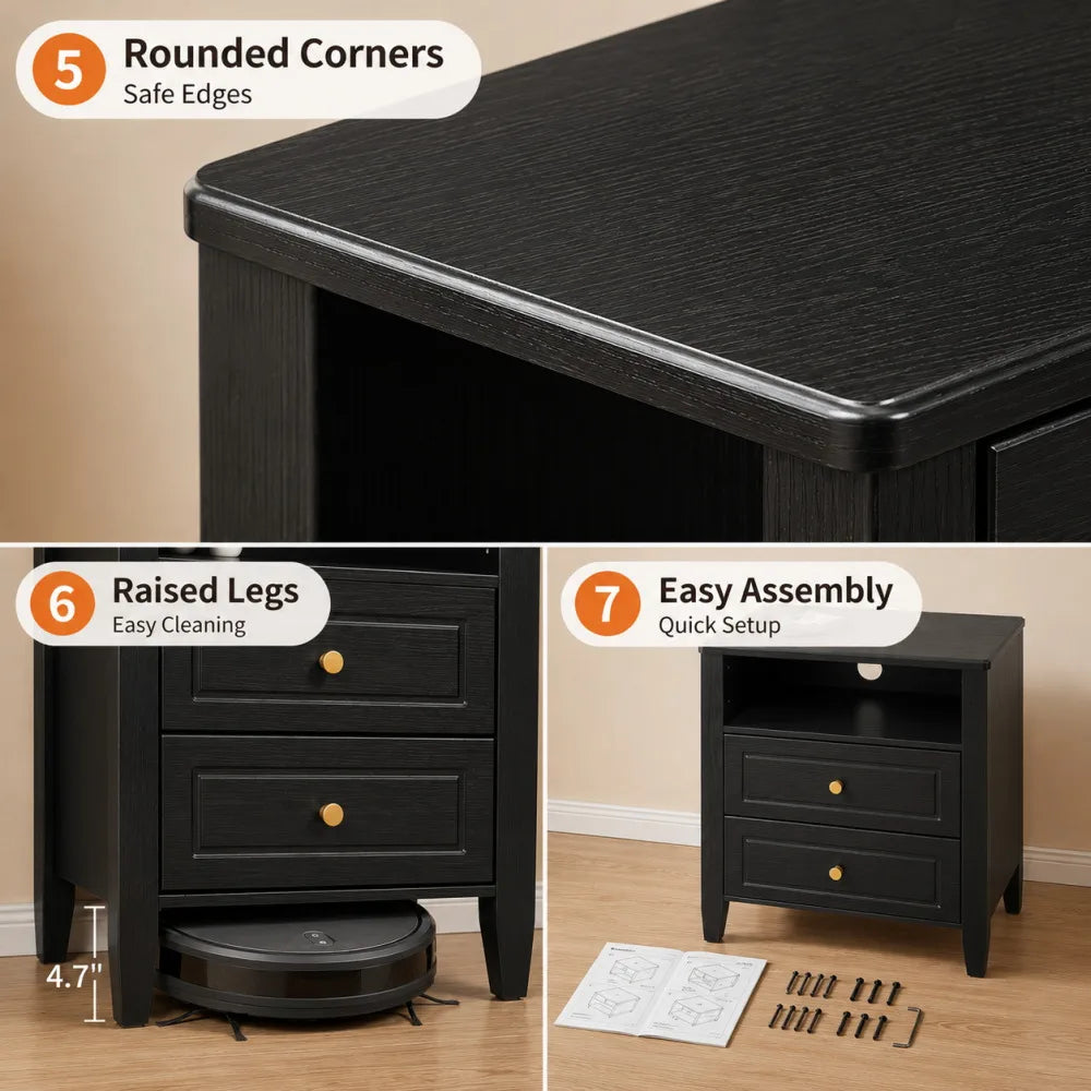 2 Drawer Storage Nightstand with Open Shelf, Modern Bedside Cabinet with Charging Station for Bedroom Home