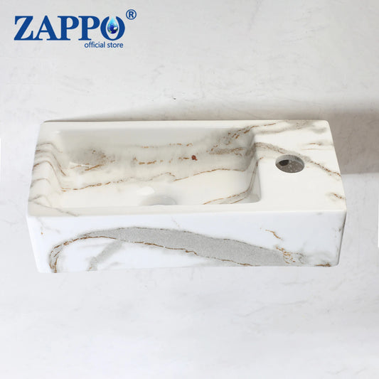 ZAPPO Small Bathroom Sink Marble Wall Hung Basin Sink Rectangle Ceramic Wash Basin Bathroom Vessel Sink Without Faucet Tap